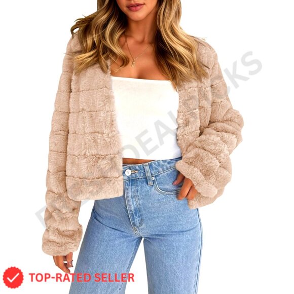 Cropped Faux Fur Jacket Long Sleeve Open Front Fluffy Short Coat